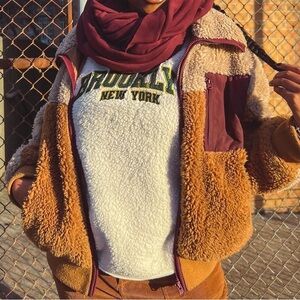 Women's Tan Sherpa Zip Jacket - Cozy Colorblock Fleece